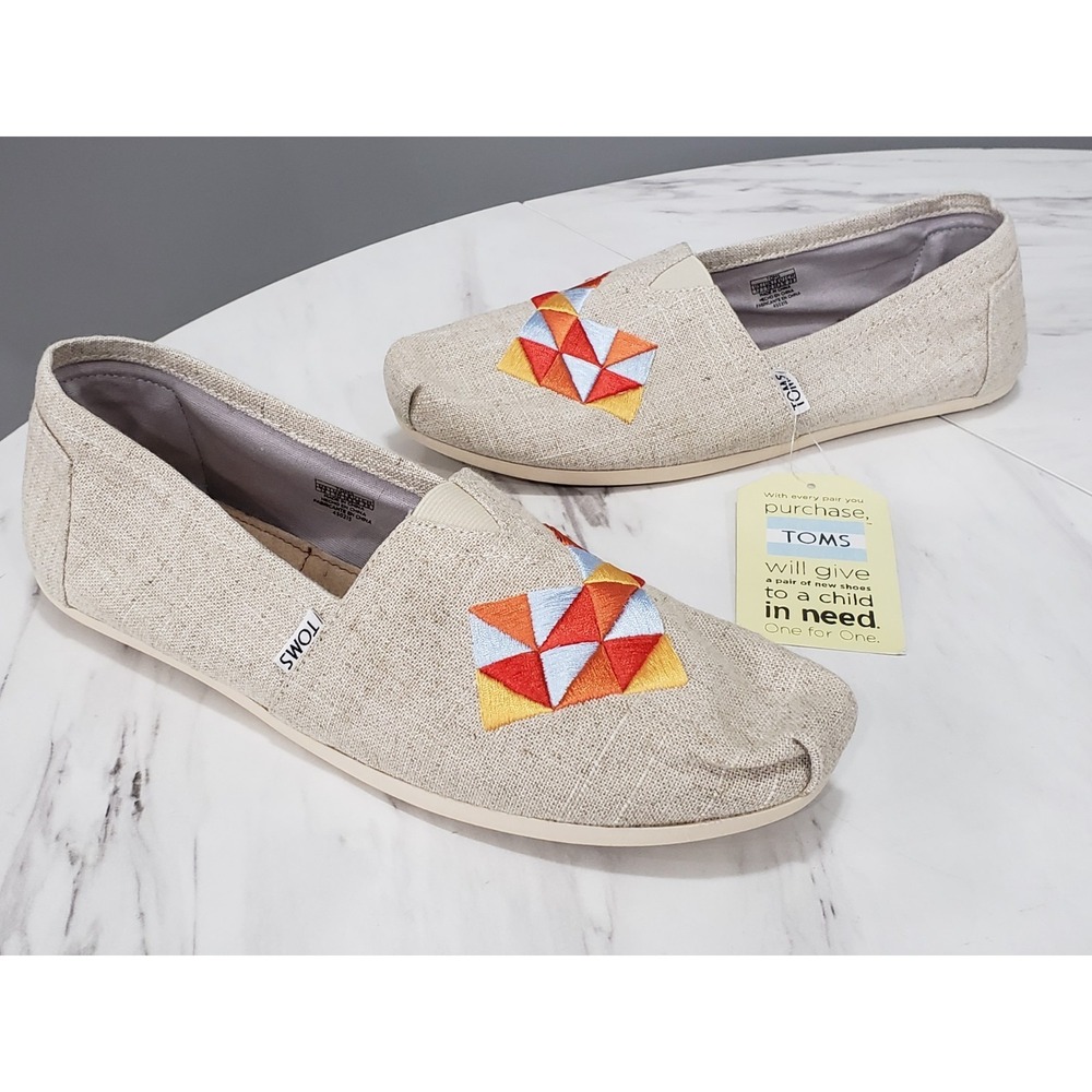 NEW NO BOX‎ SIZE 12 TOMS NATURAL BURLAP EMBROIDERY SLIP ON SHOES BEIGE TAN